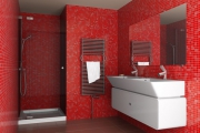 Không gian phòng tắm bừng sáng với thiết bị vệ sinh màu đỏ