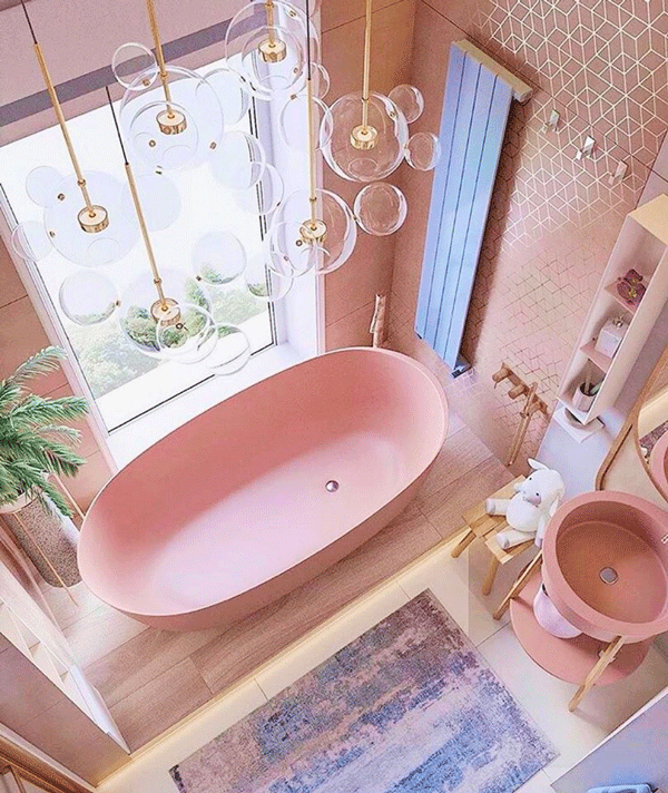 Phòng tắm ngập màu hồng