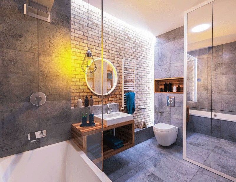 Không gian nhà tắm thông minh với sự kết hợp của gương đèn Led, bồn cầu treo tường xả nước tự động và sen tắm âm tường